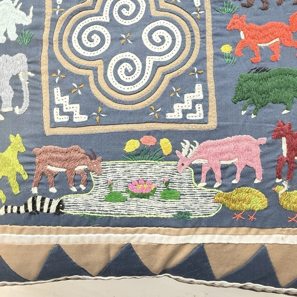 Hmong Story Cloth Paj Ntaub Pillow Cover Hand Embroidered Textile Art 18x18